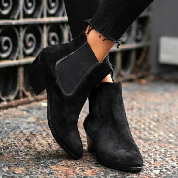 L'autre Chose Suede Leather Heeled Ankle Bootie Stretch Panel Black Size 8.5 - Picture 1 of 6